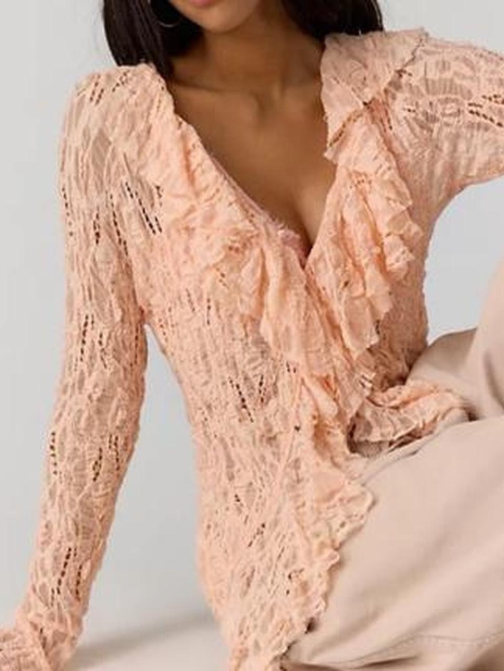 Free People Peach Lace Ruffle V-Neck Cardigan